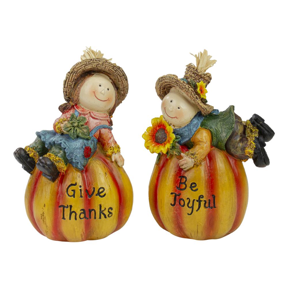 Set of 2 Girl and Boy Scarecrows with Pumpkins Fall Harvest Figures 6". The main picture.