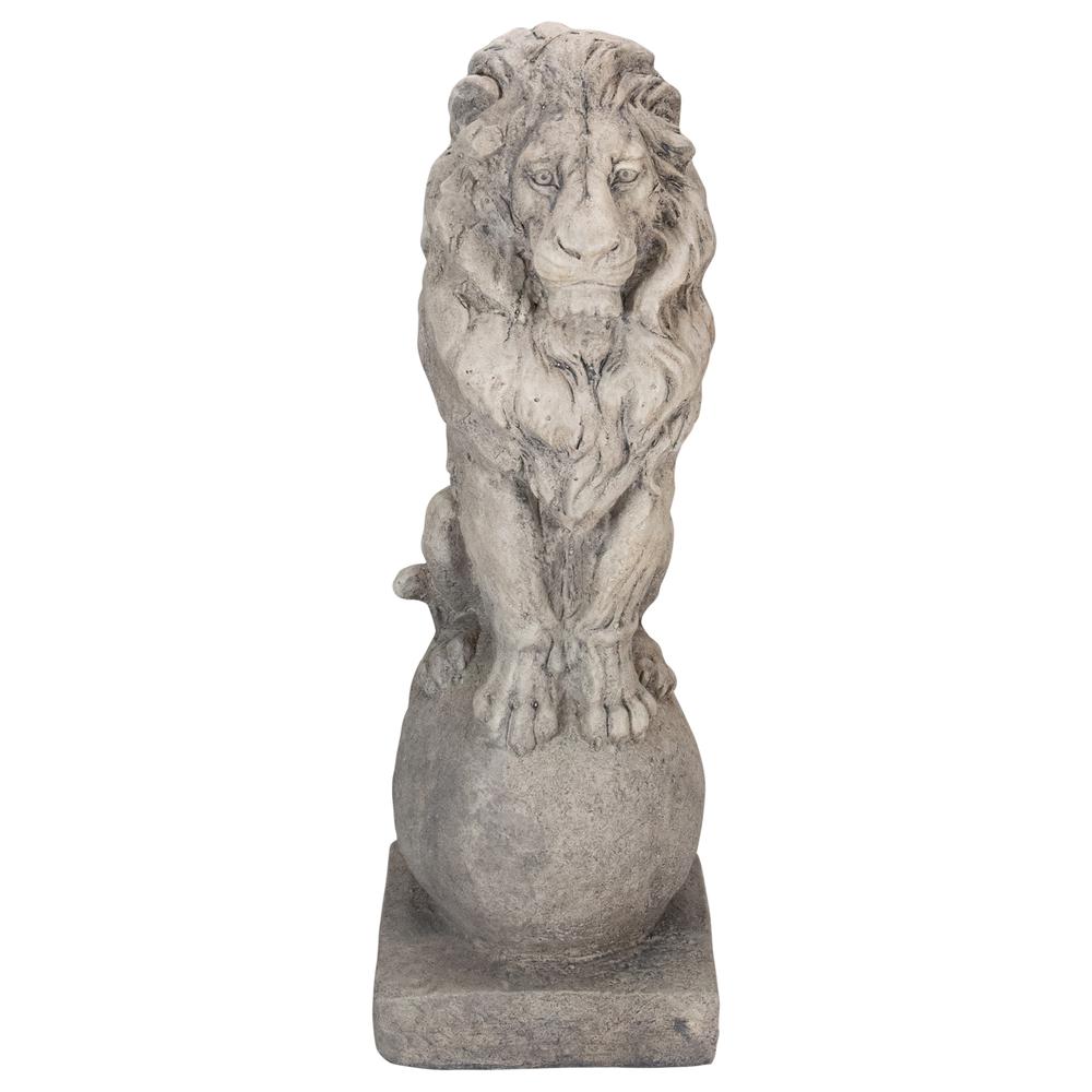 17.75" Sitting Lion on Ball Pedestal Outdoor Garden Statue. Picture 1