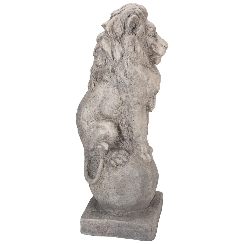 17.75" Sitting Lion on Ball Pedestal Outdoor Garden Statue. Picture 3