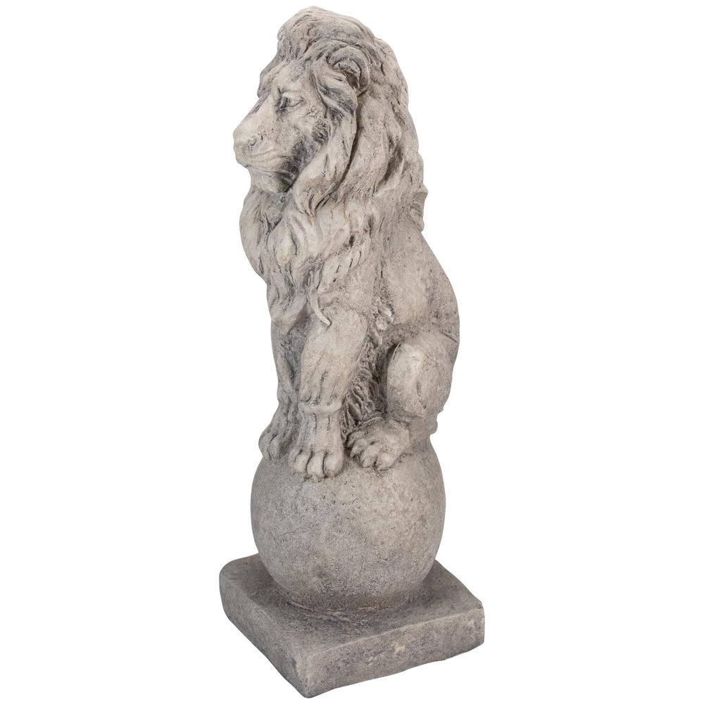 17.75" Sitting Lion on Ball Pedestal Outdoor Garden Statue. Picture 4