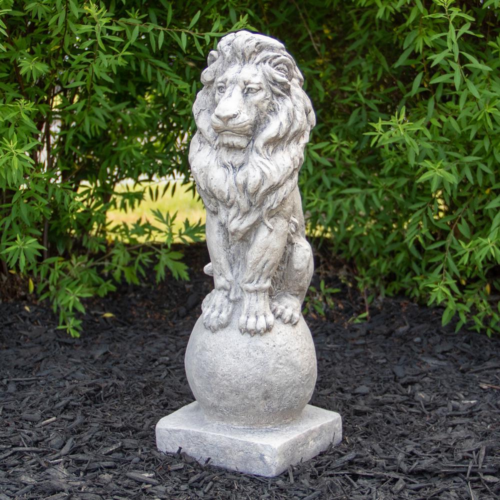17.75" Sitting Lion on Ball Pedestal Outdoor Garden Statue. Picture 2