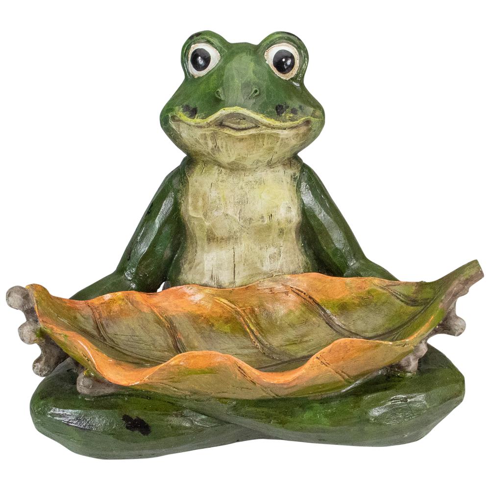 14" Green Frog with Leaf Birdfeeder Outdoor Garden Statue. Picture 1