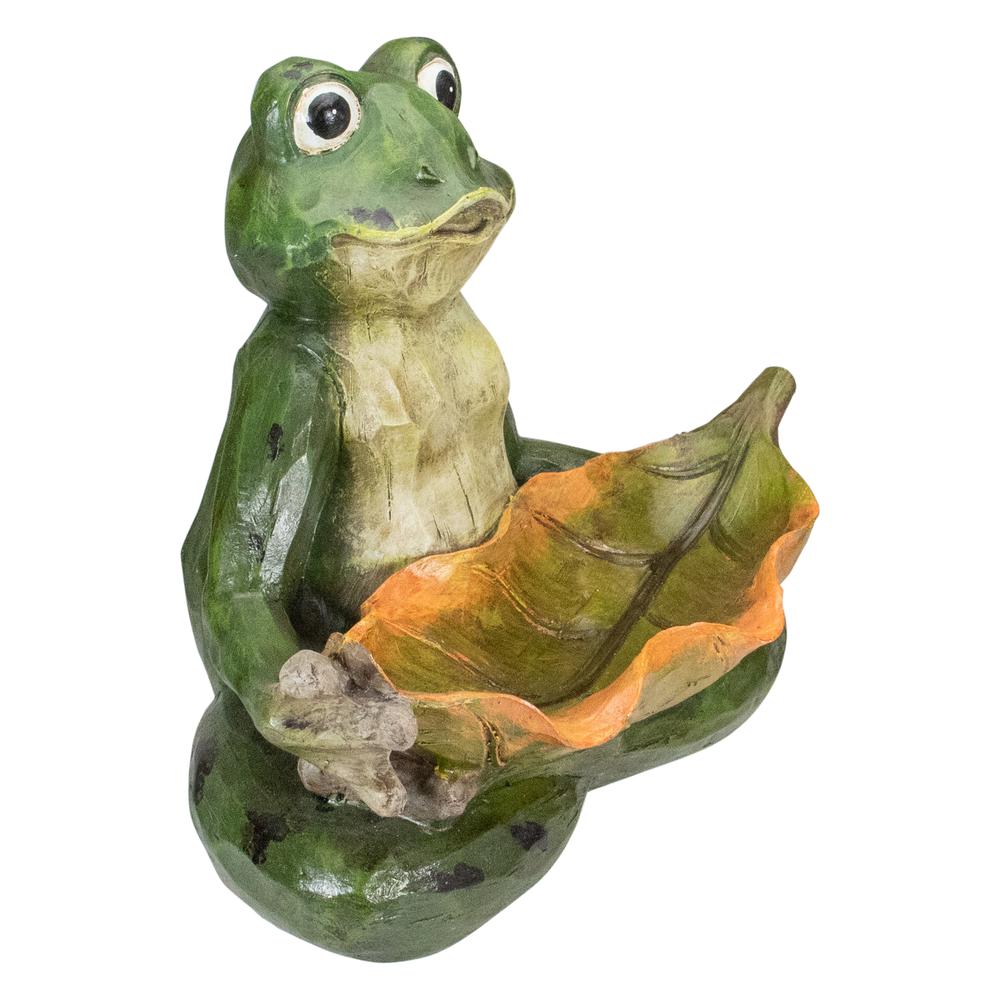 14" Green Frog with Leaf Birdfeeder Outdoor Garden Statue. Picture 3