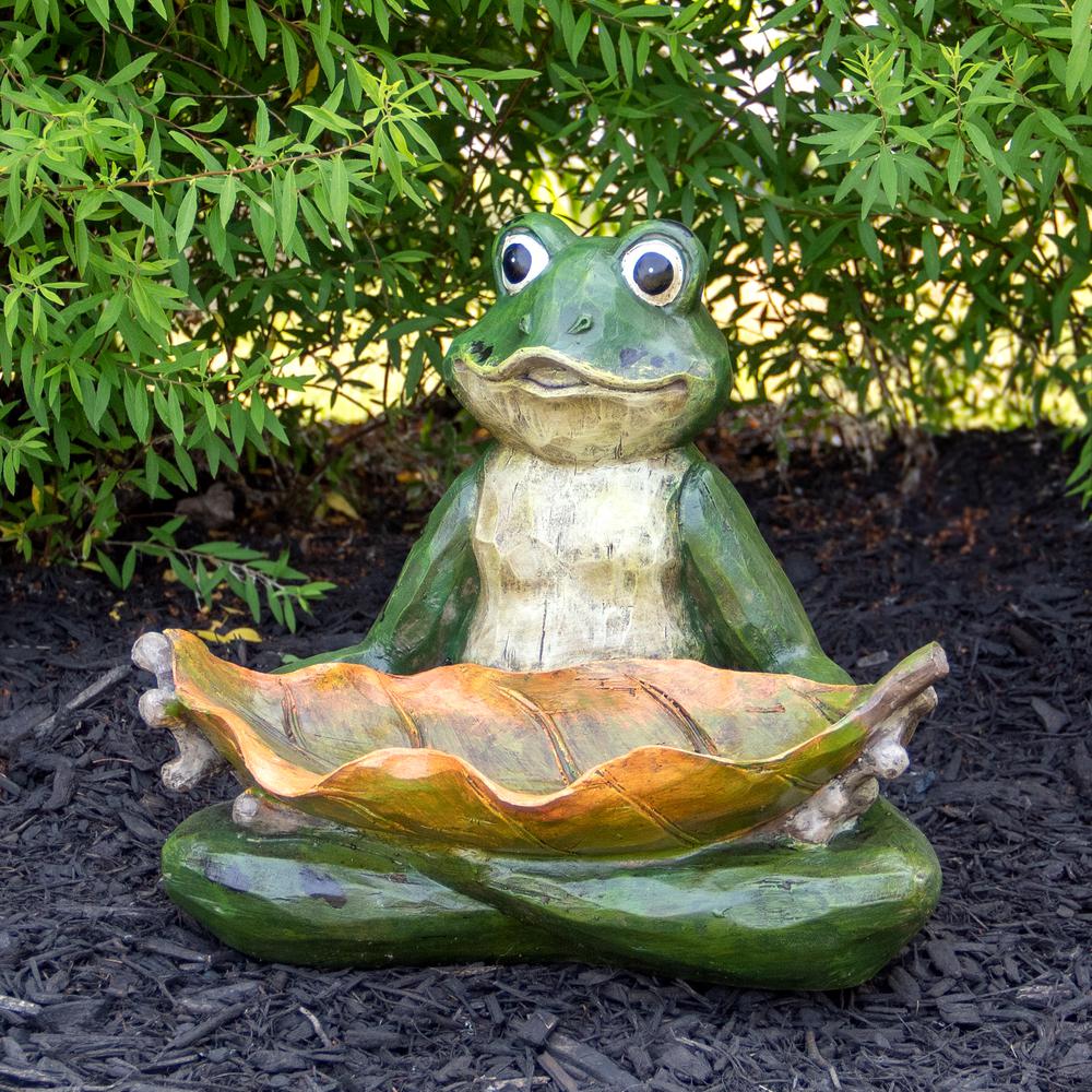 14" Green Frog with Leaf Birdfeeder Outdoor Garden Statue. Picture 2