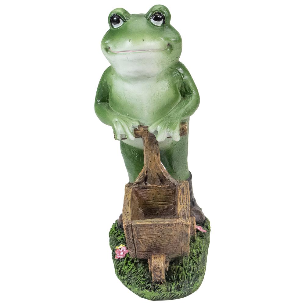 11.5" Green Frog Pushing Wheelbarrow Outdoor Garden Statue. Picture 3