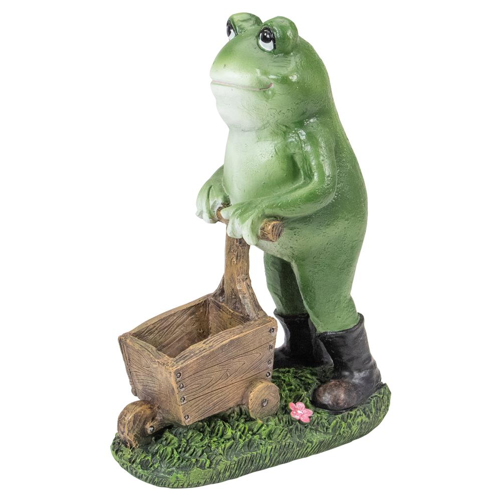 11.5" Green Frog Pushing Wheelbarrow Outdoor Garden Statue. Picture 1