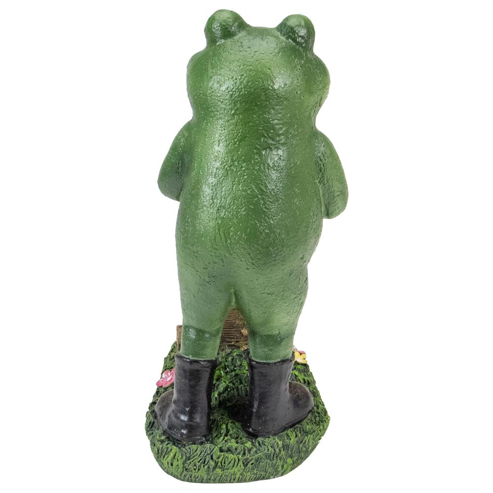 11.5" Green Frog Pushing Wheelbarrow Outdoor Garden Statue. Picture 5