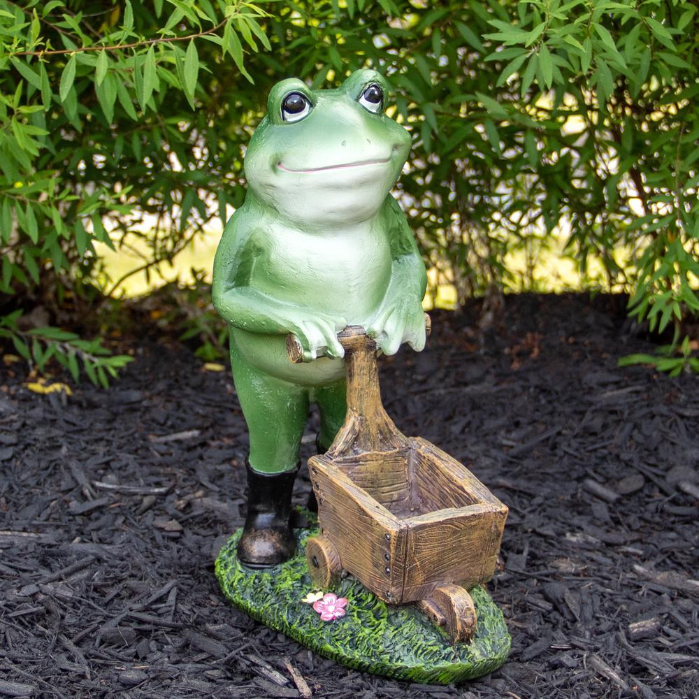 11.5" Green Frog Pushing Wheelbarrow Outdoor Garden Statue. Picture 2