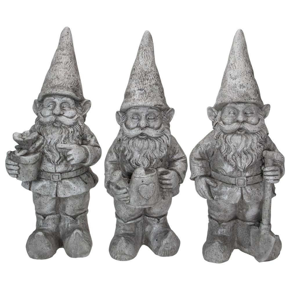 Set of 3 Gray Gardening Garden Gnomes Outdoor Statues 15.75". Picture 1