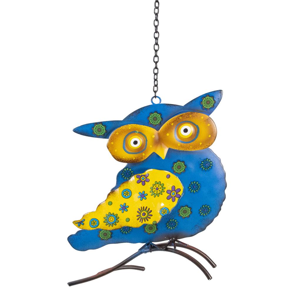 7.75" Blue and Yellow Metal Owl Outdoor Wall Hanging. Picture 1