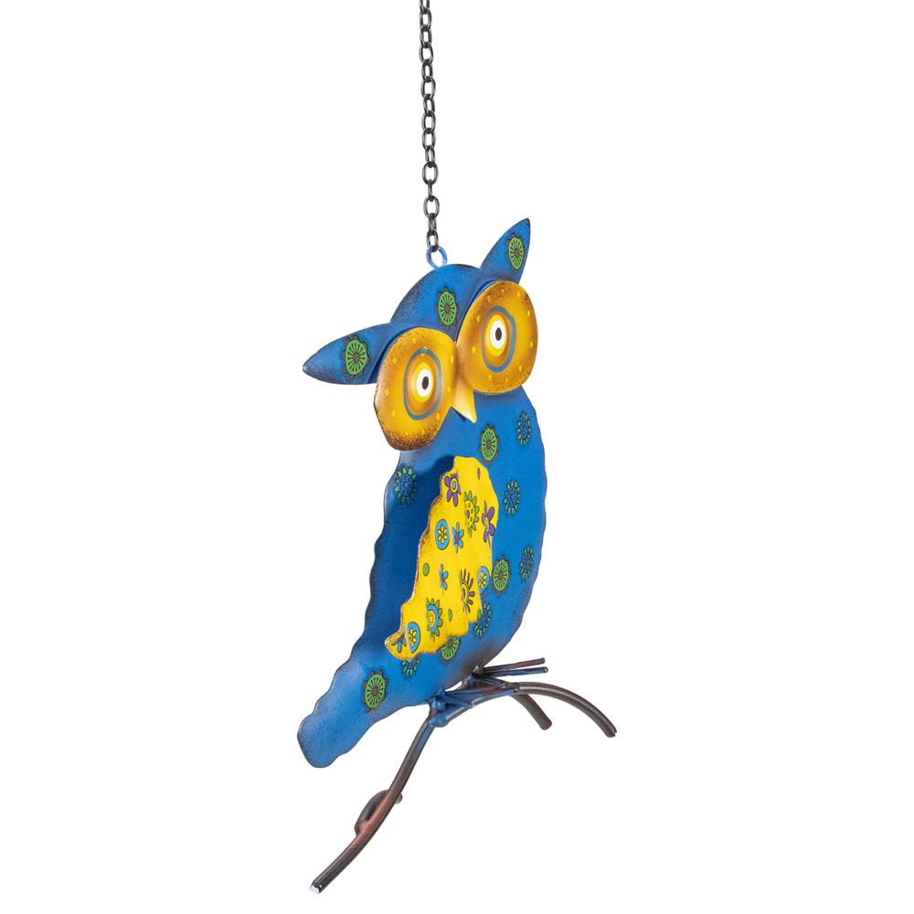 7.75" Blue and Yellow Metal Owl Outdoor Wall Hanging. Picture 4