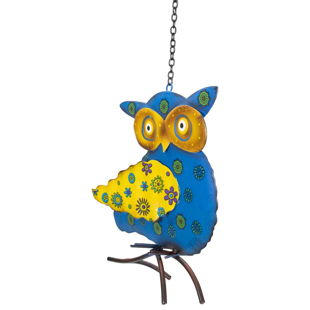 7.75" Blue and Yellow Metal Owl Outdoor Wall Hanging. Picture 3