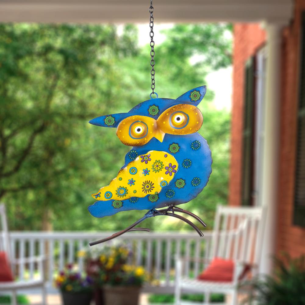 7.75" Blue and Yellow Metal Owl Outdoor Wall Hanging. Picture 2