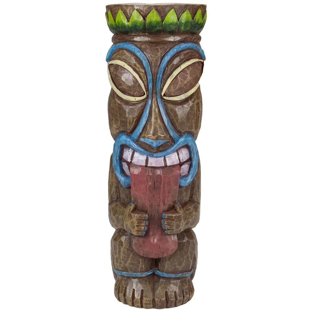 16" Solar Lighted Polynesian Outdoor Garden Tongue Out Tiki Statue. Picture 1
