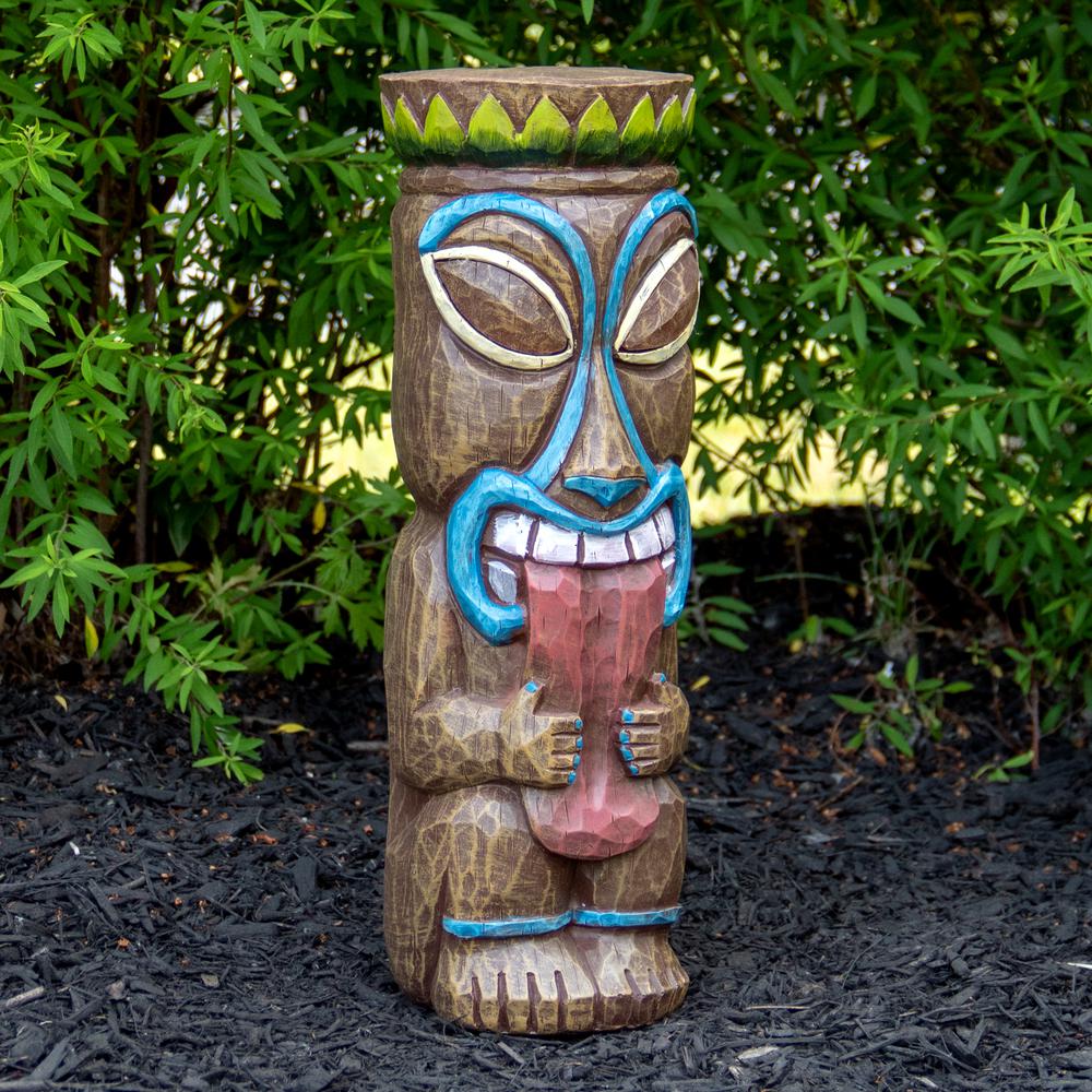 16" Solar Lighted Polynesian Outdoor Garden Tongue Out Tiki Statue. Picture 2