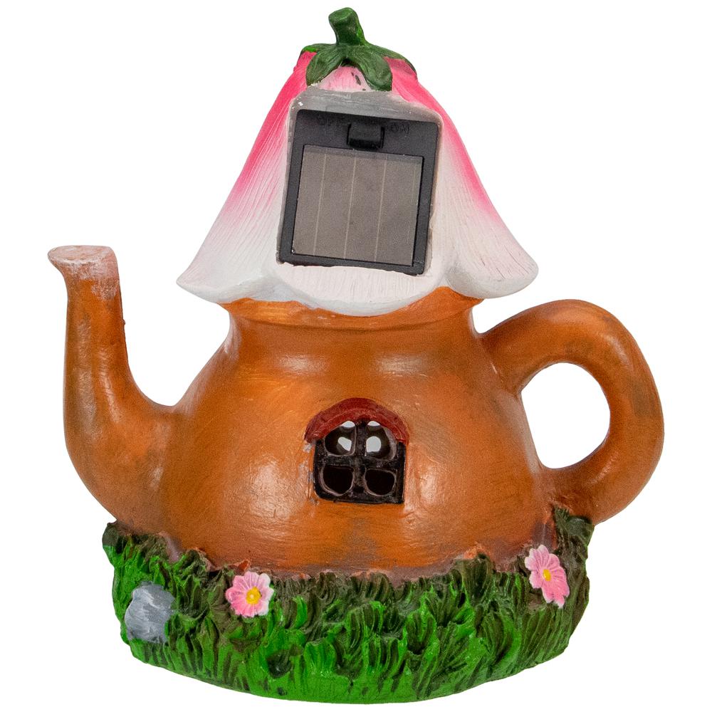 7" Solar Lighted Flower Tea Pot Outdoor Garden Statue. Picture 5