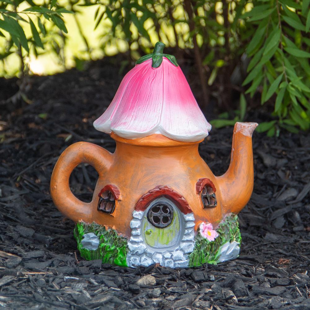 7" Solar Lighted Flower Tea Pot Outdoor Garden Statue. Picture 2
