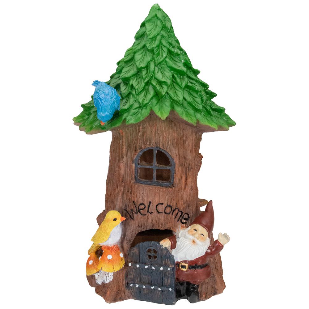 14" Solar Lighted Welcome Gnome Tree House Outdoor Garden Statue. Picture 1