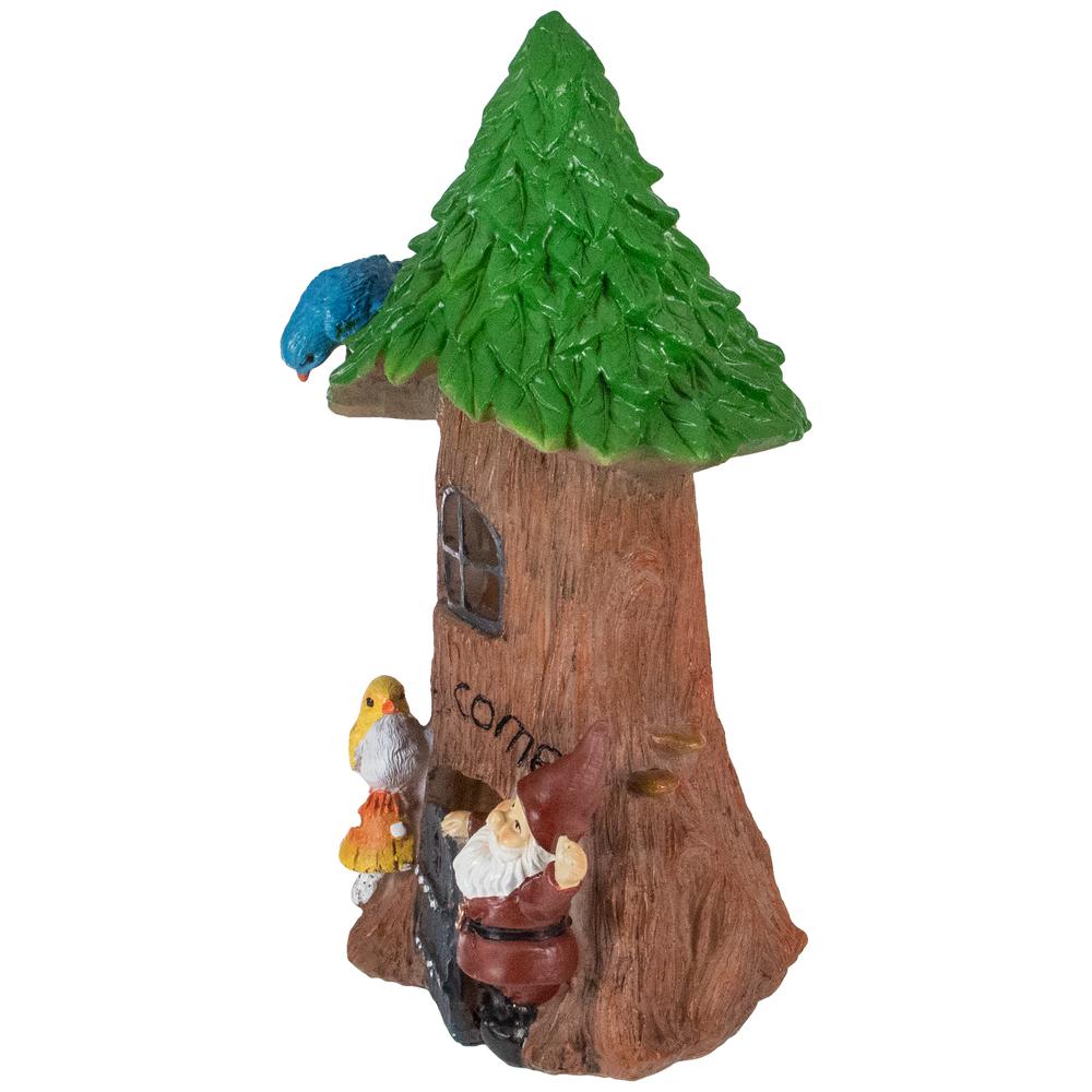 14" Solar Lighted Welcome Gnome Tree House Outdoor Garden Statue. Picture 3