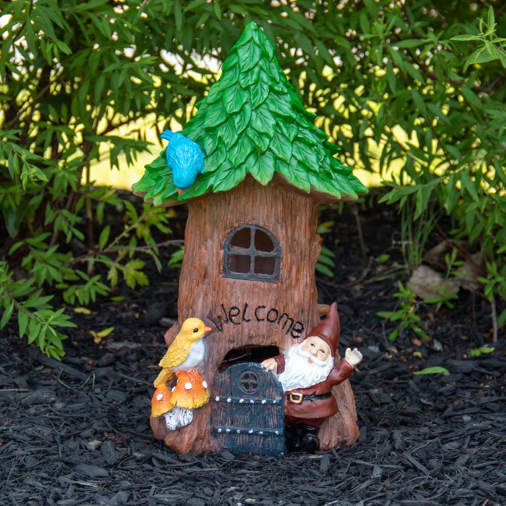 14" Solar Lighted Welcome Gnome Tree House Outdoor Garden Statue. Picture 2