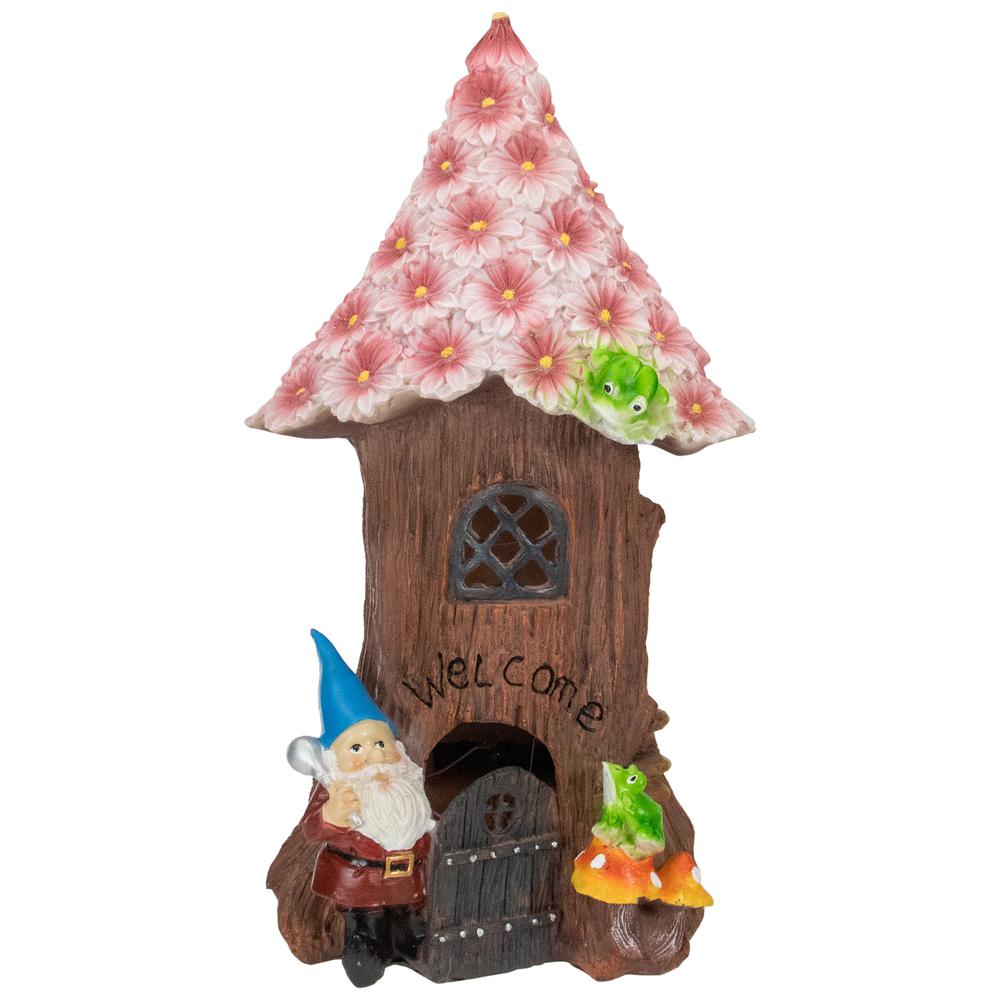 14" Solar Lighted Bless Our Home Gnome Tree House Outdoor Garden Statue. Picture 1