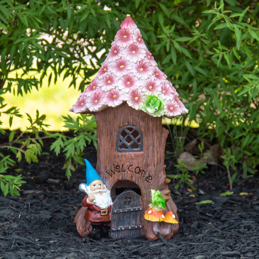 14" Solar Lighted Bless Our Home Gnome Tree House Outdoor Garden Statue. Picture 2