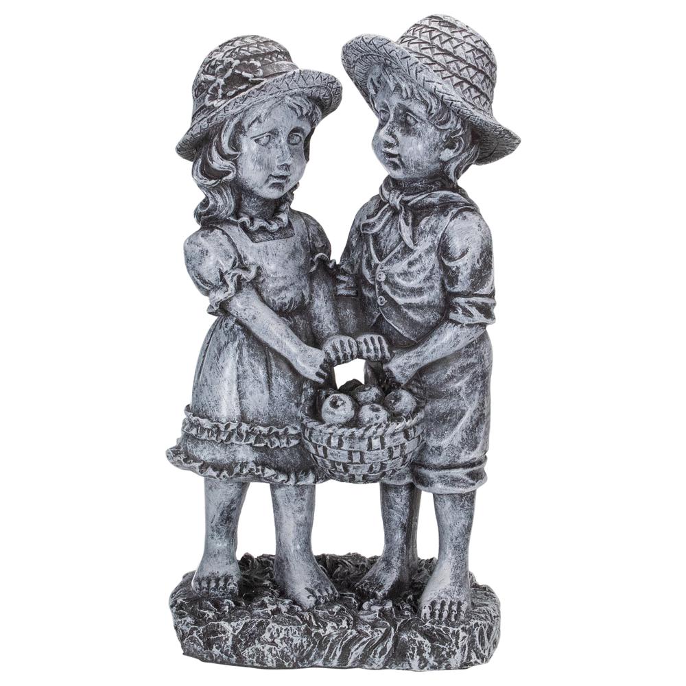 13" Boy and Girl Apple Picking Outdoor Garden Statue. Picture 1