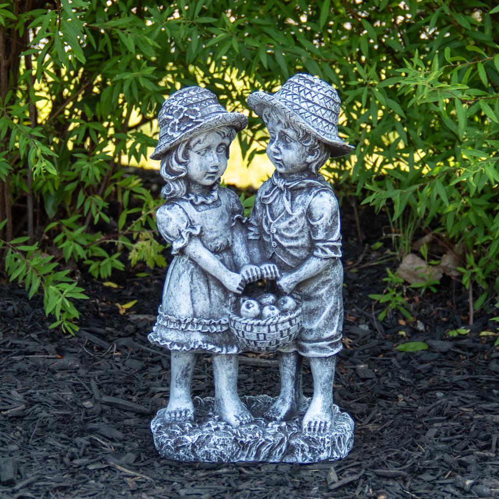 13" Boy and Girl Apple Picking Outdoor Garden Statue. Picture 2