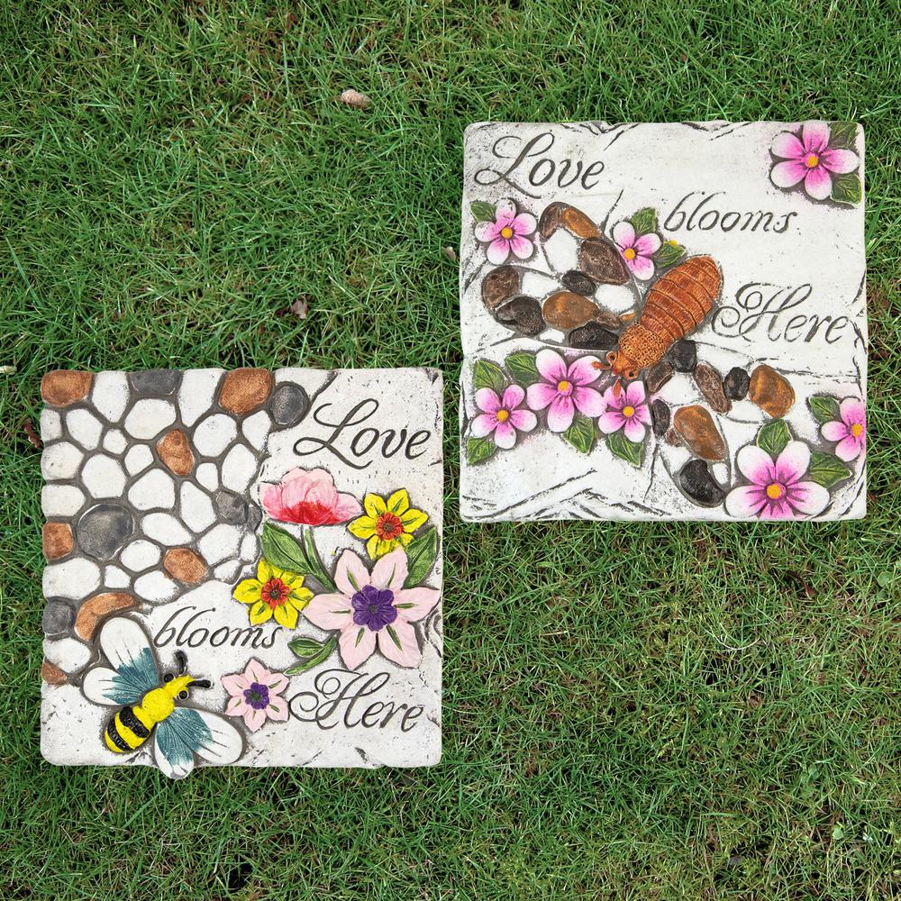 Set of 2 'Love Blooms Here' Floral Outdoor Garden Stones 7". Picture 2