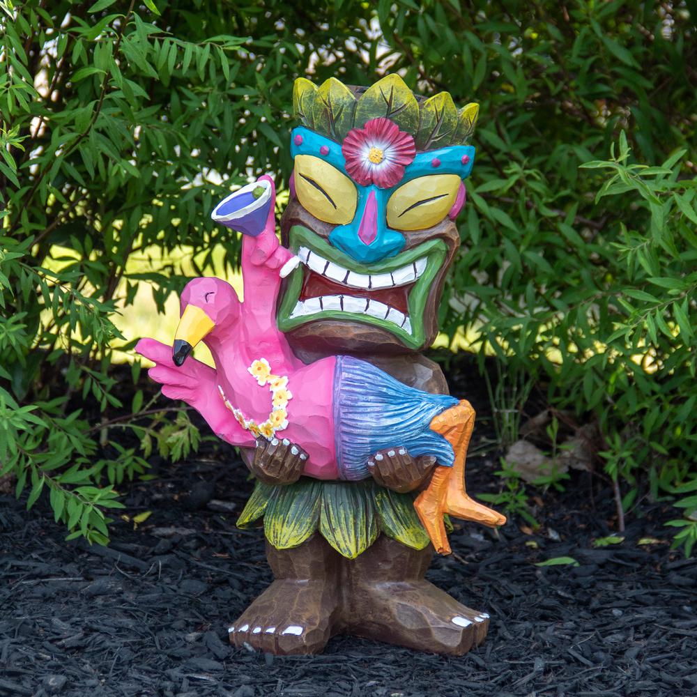 15" Solar Lighted Polynesian Outdoor Garden Tiki with Flamingo Statue. Picture 2