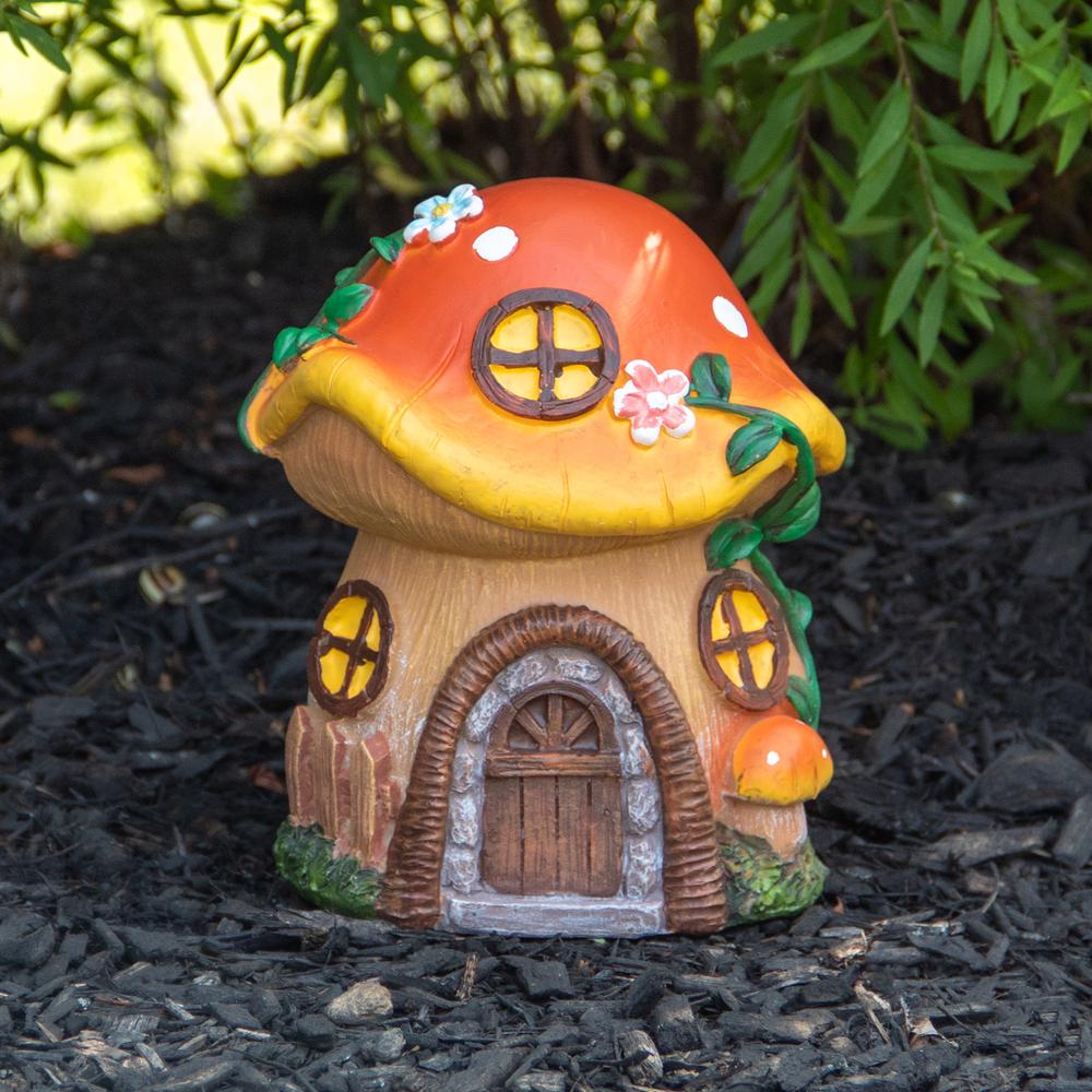 6.25" Orange Mushroom House Outdoor Garden Statue. Picture 2