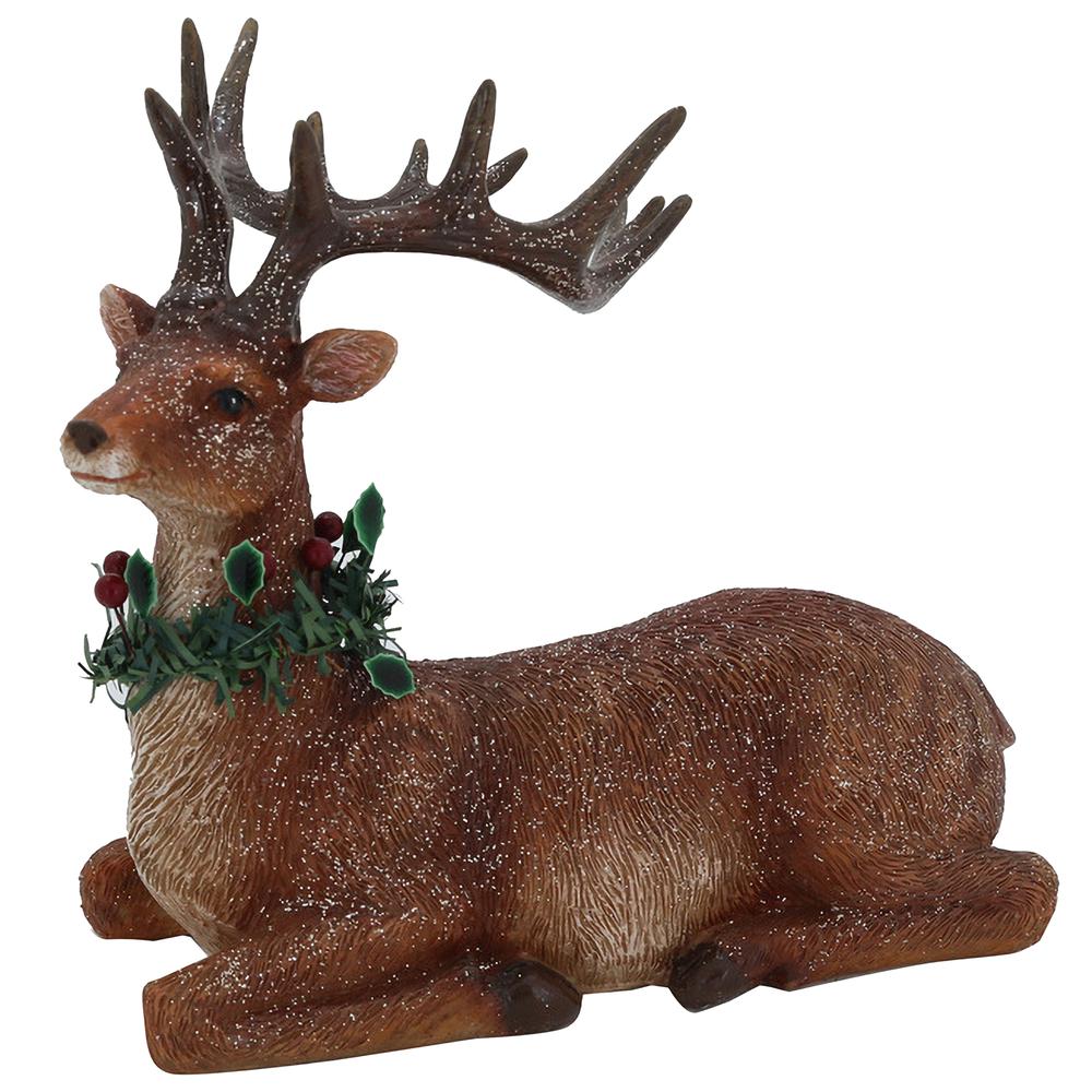 10" Glittered Brown Kneeling Deer Christmas Decoration. Picture 1