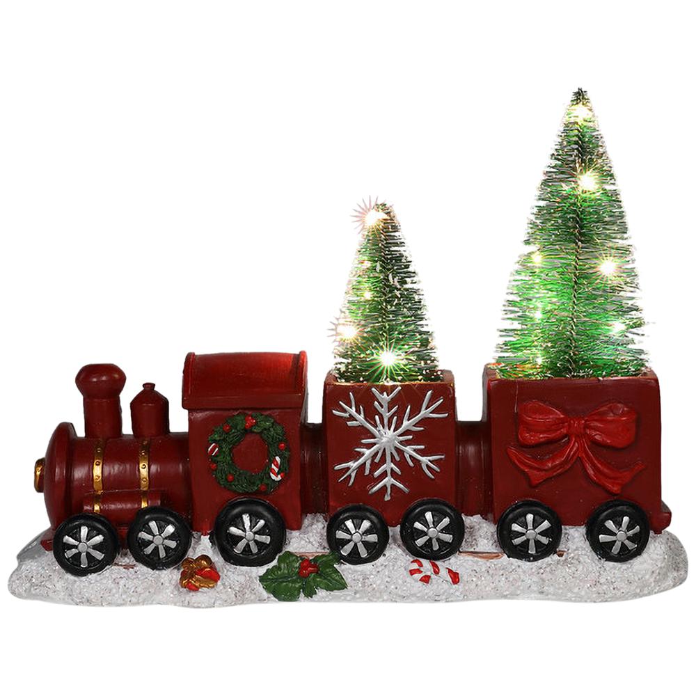 12" Red and Gold Christmas Train With LED Lighted Frosted Trees Tabletop Decoration. Picture 1