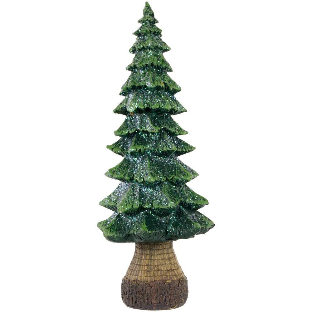 12" Green Glittered Tree with Brown Base Christmas Decoration. Picture 1