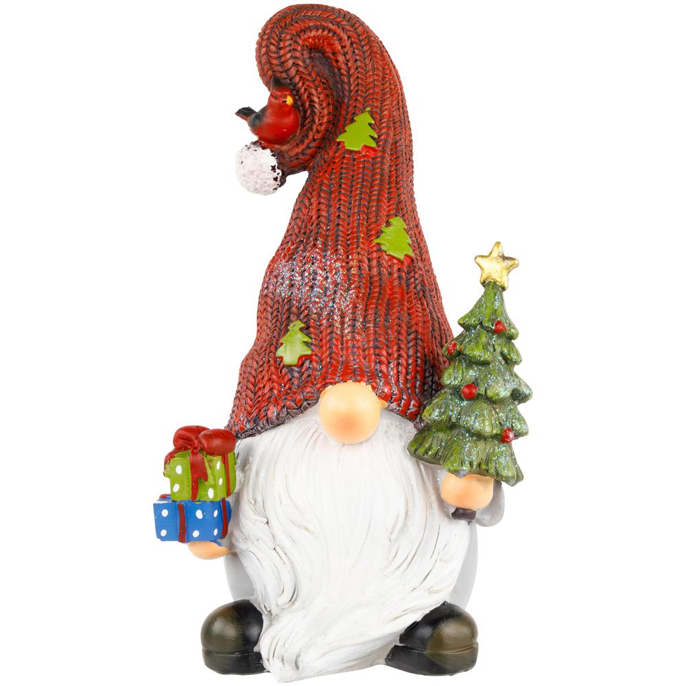 9" Gnome with Cardinal Holding Christmas Tree Decoration. Picture 1