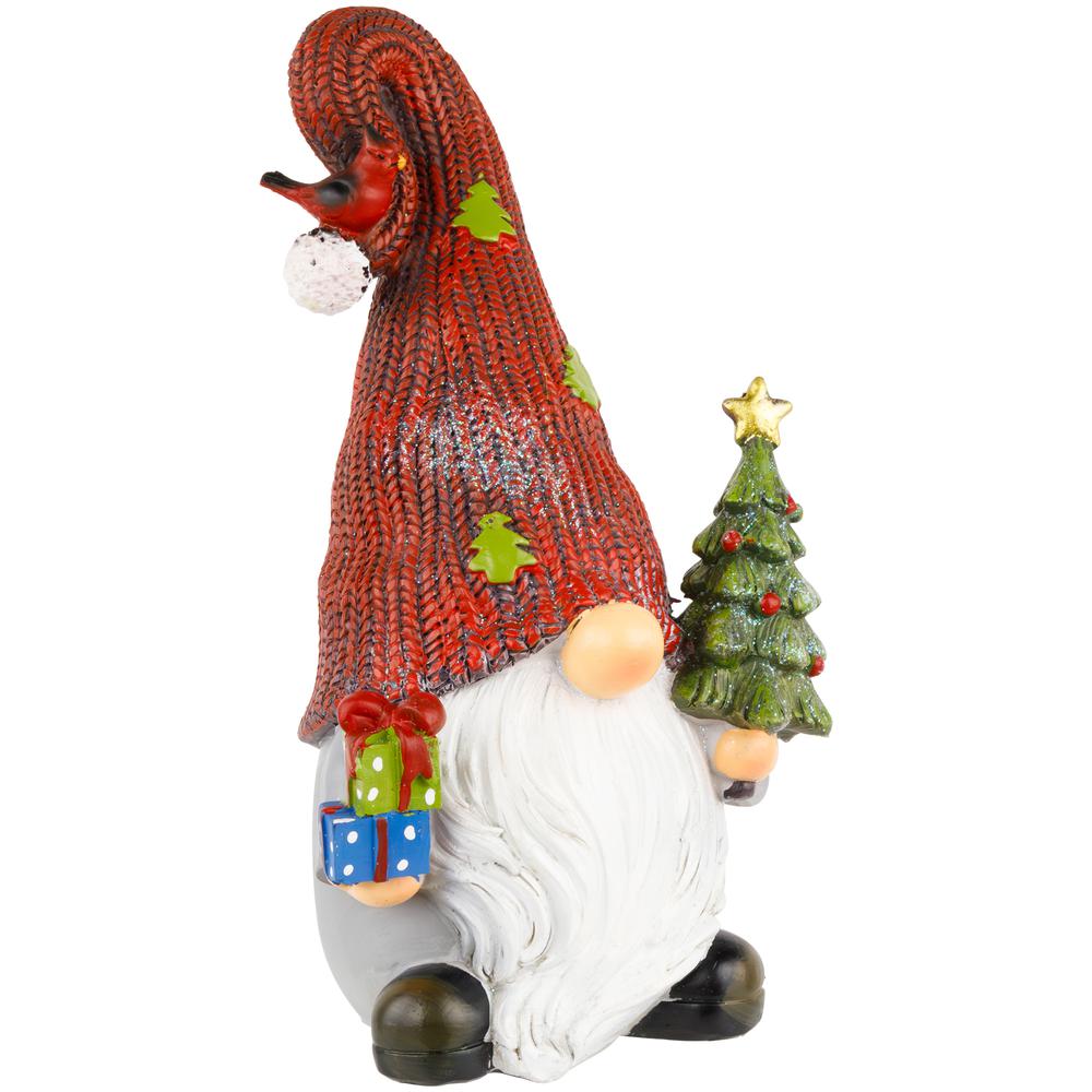 9" Gnome with Cardinal Holding Christmas Tree Decoration. Picture 4