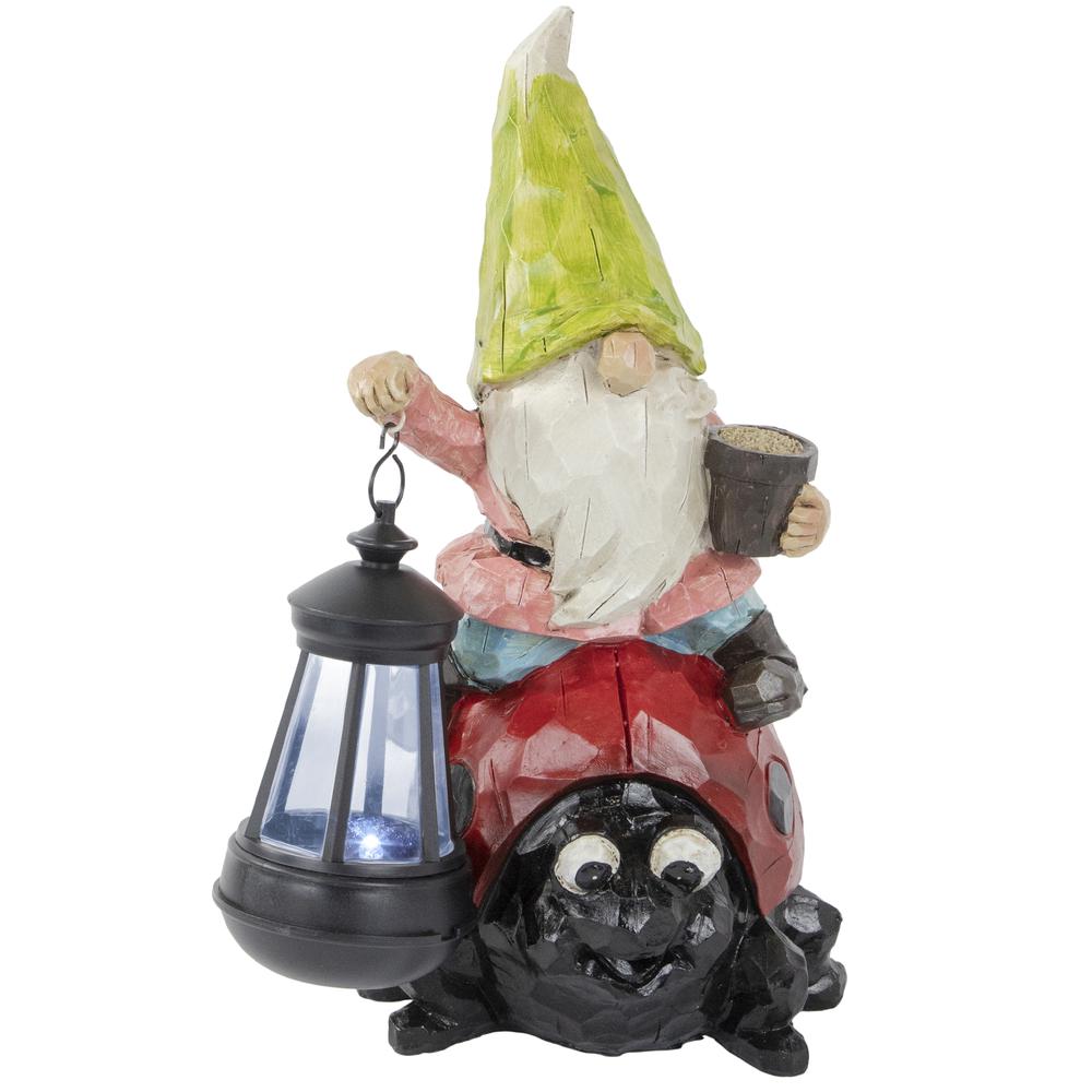 12.25" Solar LED Lighted Gnome and Ladybug Outdoor Garden Statue. Picture 1
