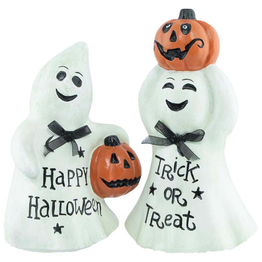 Set of 2 "Happy Halloween" and "Trick or Treat" Ghost Decorations 7.75". Picture 1
