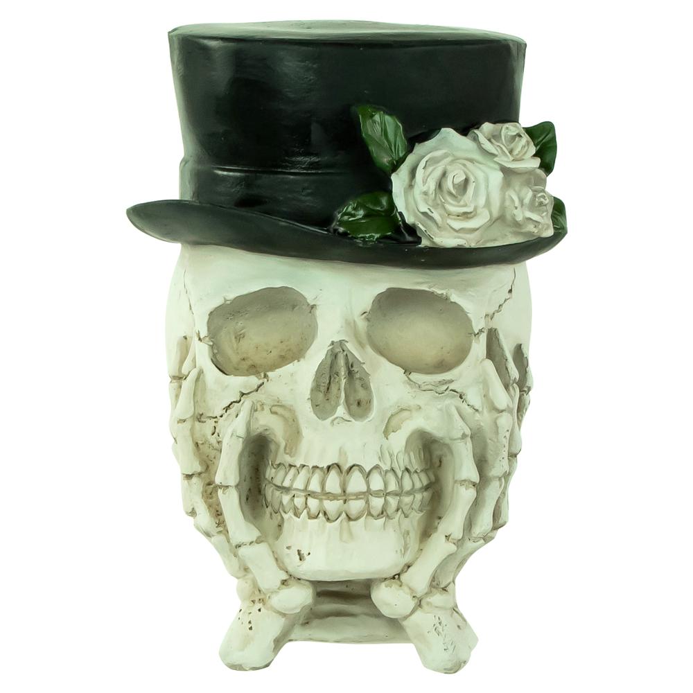 9" Skull with Top Hat and Roses Halloween Decoration. Picture 1