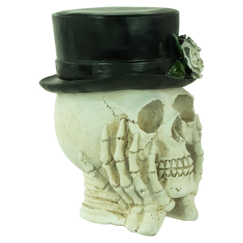 9" Skull with Top Hat and Roses Halloween Decoration. Picture 2