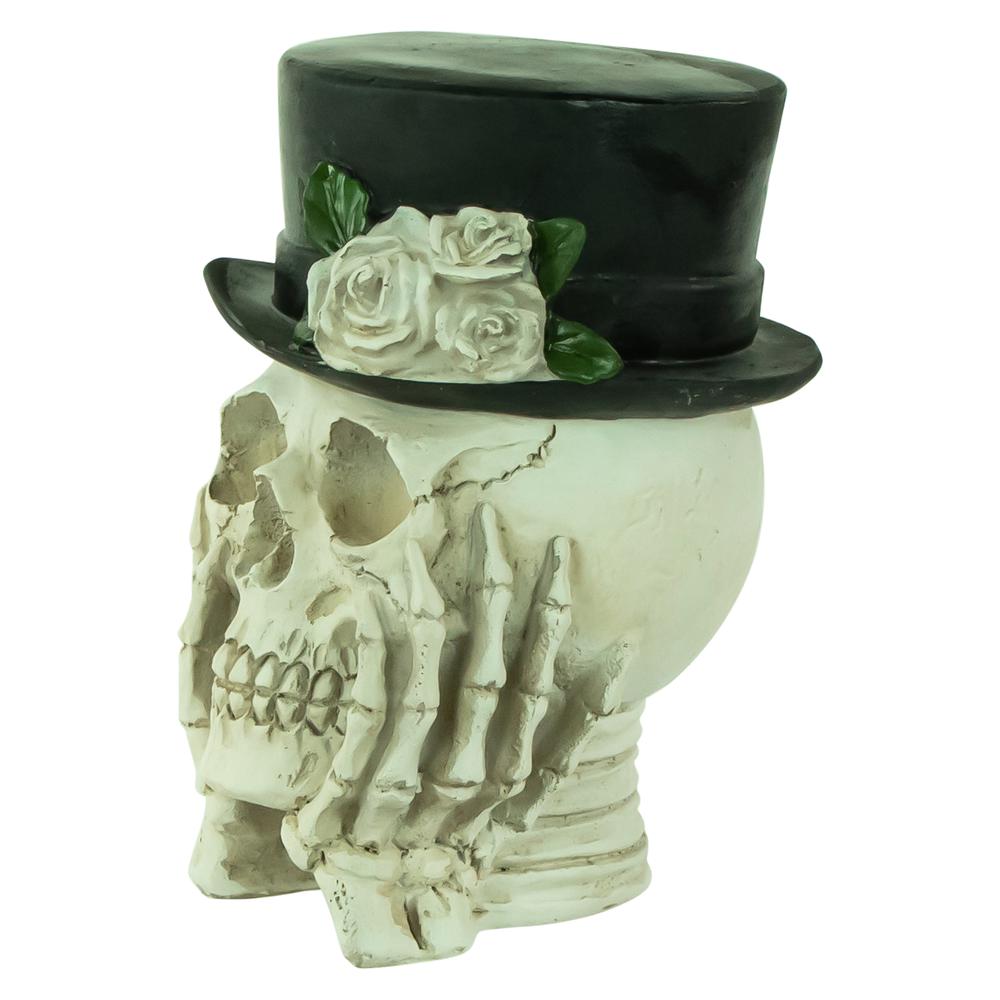 9" Skull with Top Hat and Roses Halloween Decoration. Picture 3