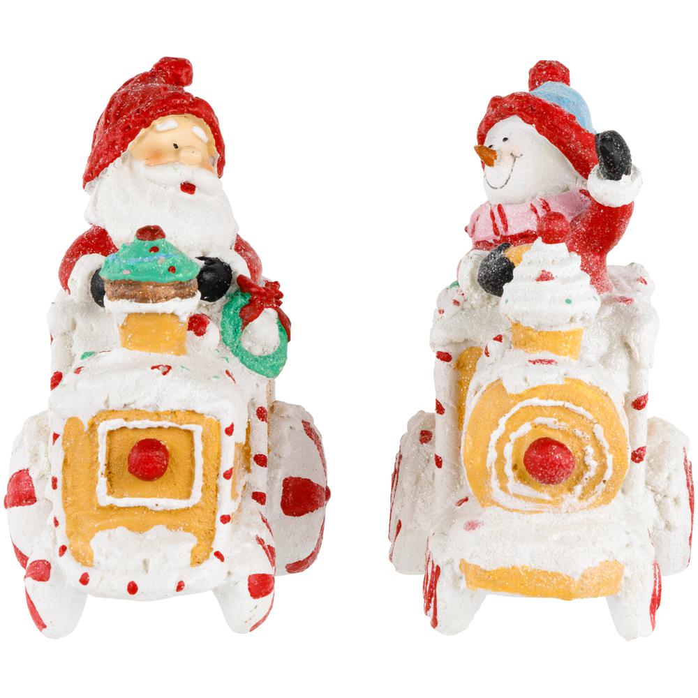Set of 2 Santa and Snowman on Gingerbread Trains Christmas Figures - 6.75". Picture 1