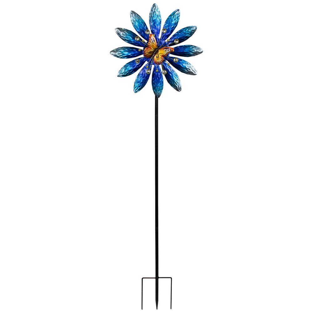Blue Flower with Butterfly Outdoor Pinwheel Garden Stake - 4'. Picture 1