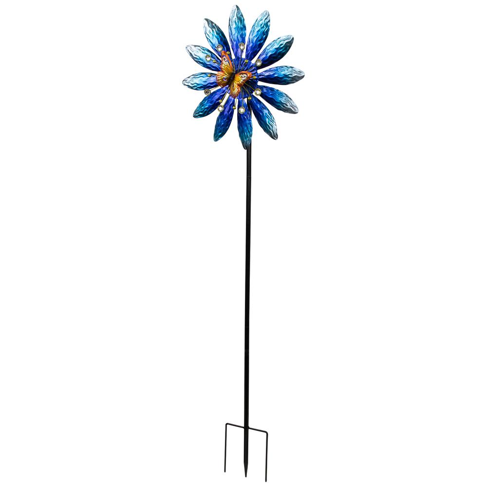 Blue Flower with Butterfly Outdoor Pinwheel Garden Stake - 4'. Picture 3