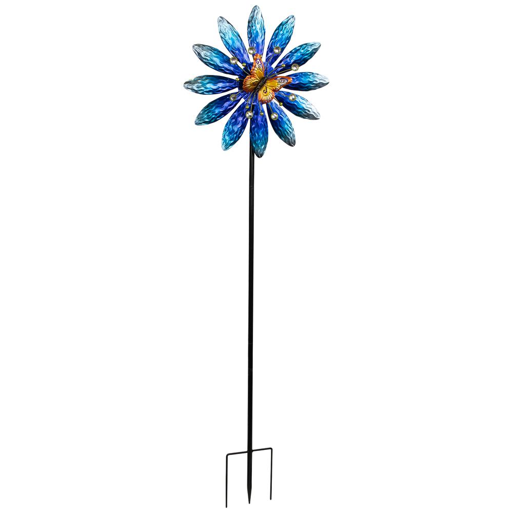 Blue Flower with Butterfly Outdoor Pinwheel Garden Stake - 4'. Picture 4
