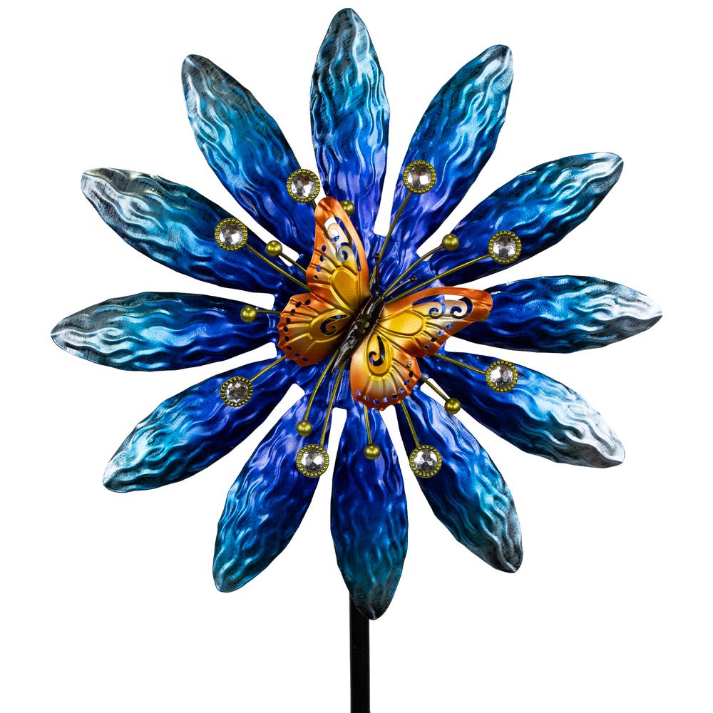 Blue Flower with Butterfly Outdoor Pinwheel Garden Stake - 4'. Picture 5