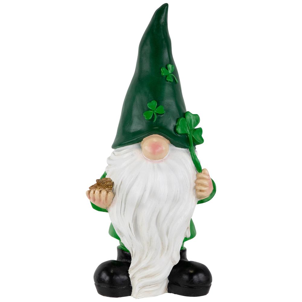St. Patrick's Day Shamrock Gnome Outdoor Garden Statue - 16.25" - Green. Picture 1