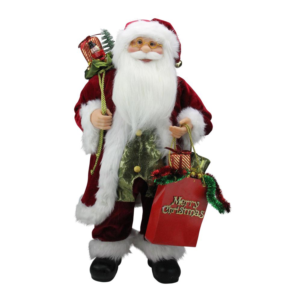 24" Poinsettia Santa Claus with Gift Bag Christmas Figure. Picture 1