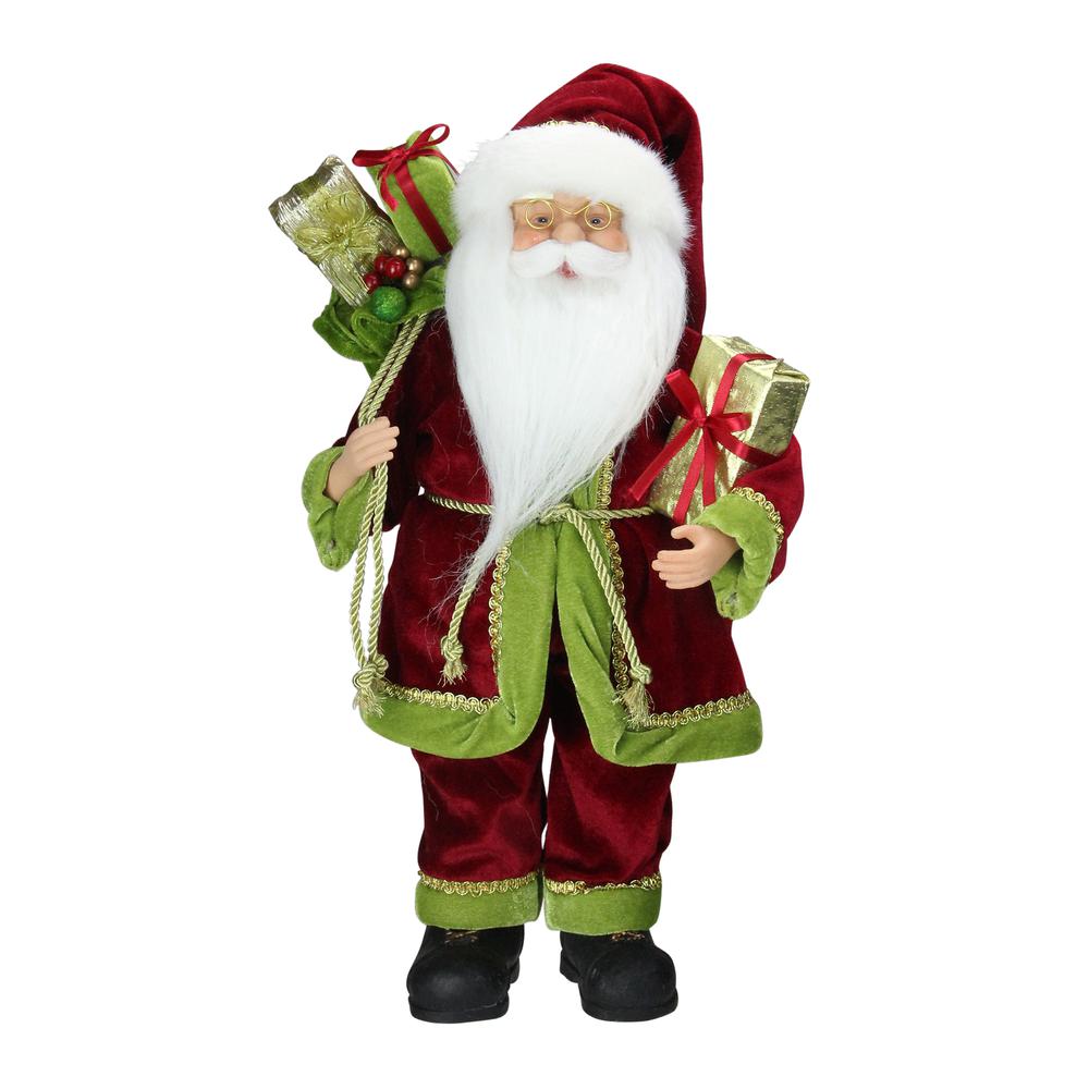 16" Red and Green Grand Imperial Santa Claus with Gift Bag Christmas Tabletop Figurine. Picture 1