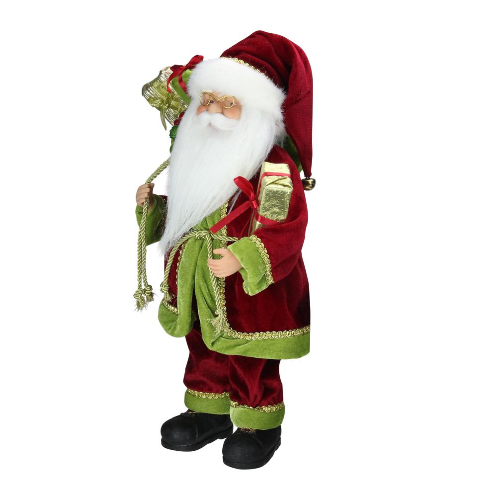16" Red and Green Grand Imperial Santa Claus with Gift Bag Christmas Tabletop Figurine. Picture 2